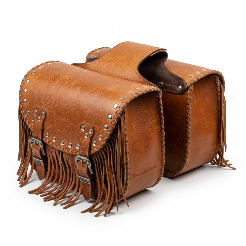 Borse laterali in vera pelle marrone per moto custom modello Memphis 25L - Febo Collection